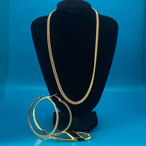 Gold Tone Jewelry Lot Curb Chain Necklace Large Flat Hoop Earrings Enamel Brooch - Picture 1 of 9